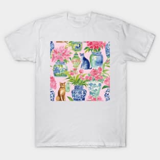 Cats and chinoiserie jars on baby pink watercolor painting T-Shirt